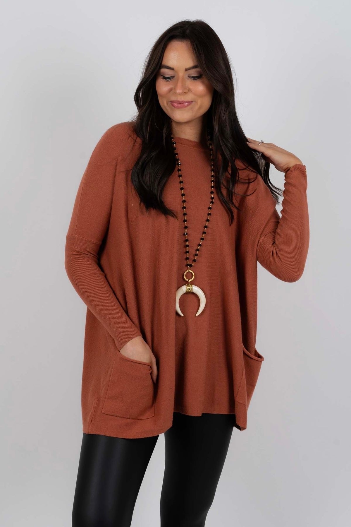 T-shirt ample à manches longues et col rond pour femme, en coton