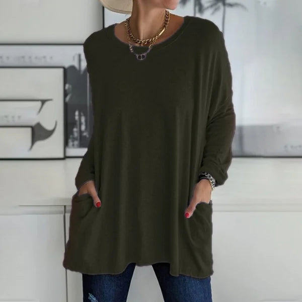 T-shirt ample à manches longues et col rond pour femme, en coton