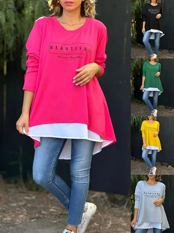 💥💝Promotion de Noël à durée limitée-49%OFF 💝T-shirt faux deux pièces à manches longues imprimé lettre