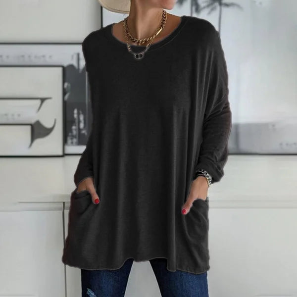T-shirt ample à manches longues et col rond pour femme, en coton