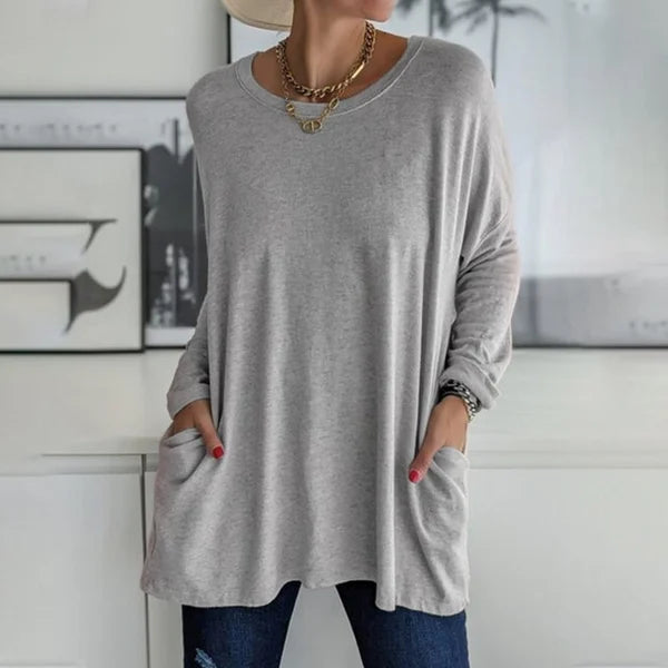 T-shirt ample à manches longues et col rond pour femme, en coton