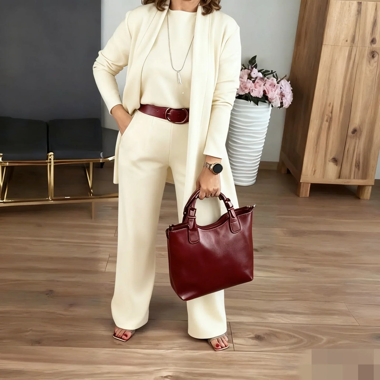 Ensemble Élégant Long Cardigan & Haut & Pantalon 3 Pièces