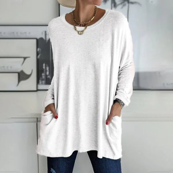 T-shirt ample à manches longues et col rond pour femme, en coton