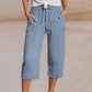 Pantalon court plissé en coton et lin uni pour femme