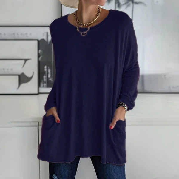 T-shirt ample à manches longues et col rond pour femme, en coton