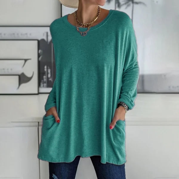T-shirt ample à manches longues et col rond pour femme, en coton