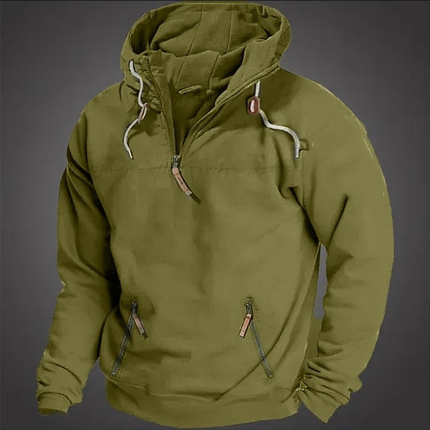 2024 New - Sweat à capuche zippé décontracté en polaire de couleur unie pour hommes, avec de grandes poches