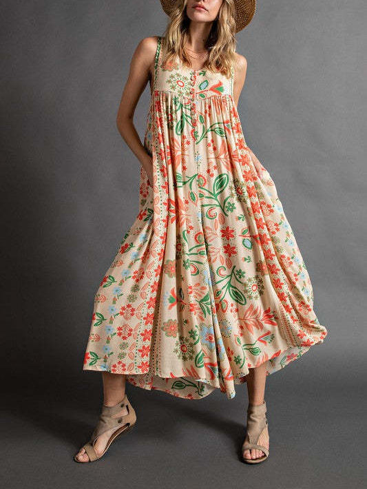 💐Combinaison à imprimé vintage avec manches amples