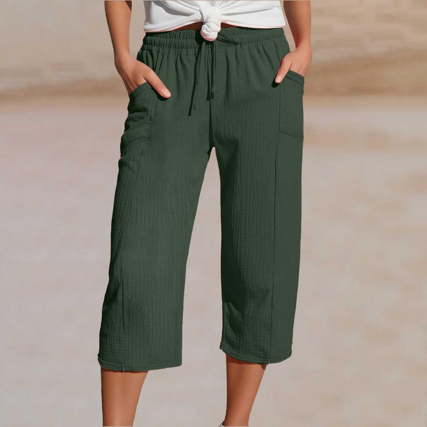 Pantalon court plissé en coton et lin uni pour femme
