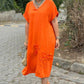 2024 New Plus Size Solid V-Neck Embroidered Hem Linen Maxi Dress