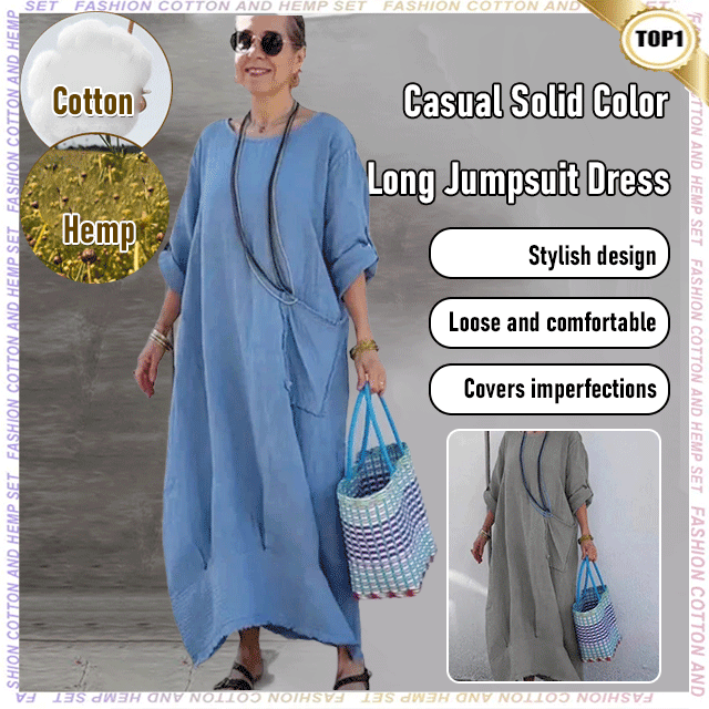 🔥 Printemps 2025 Soldes - 49% de réduction ✨Cotton Linen Casual Solid Colour Pockets Round Neck Long Jumpsuit