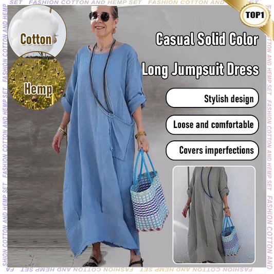 🔥 Printemps 2025 Soldes - 49% de réduction ✨Cotton Linen Casual Solid Colour Pockets Round Neck Long Jumpsuit
