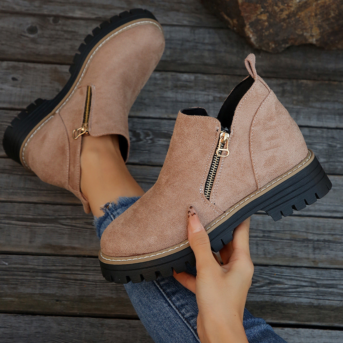 Bottines pour femmes à bout rond et fermeture à glissière sur le côté