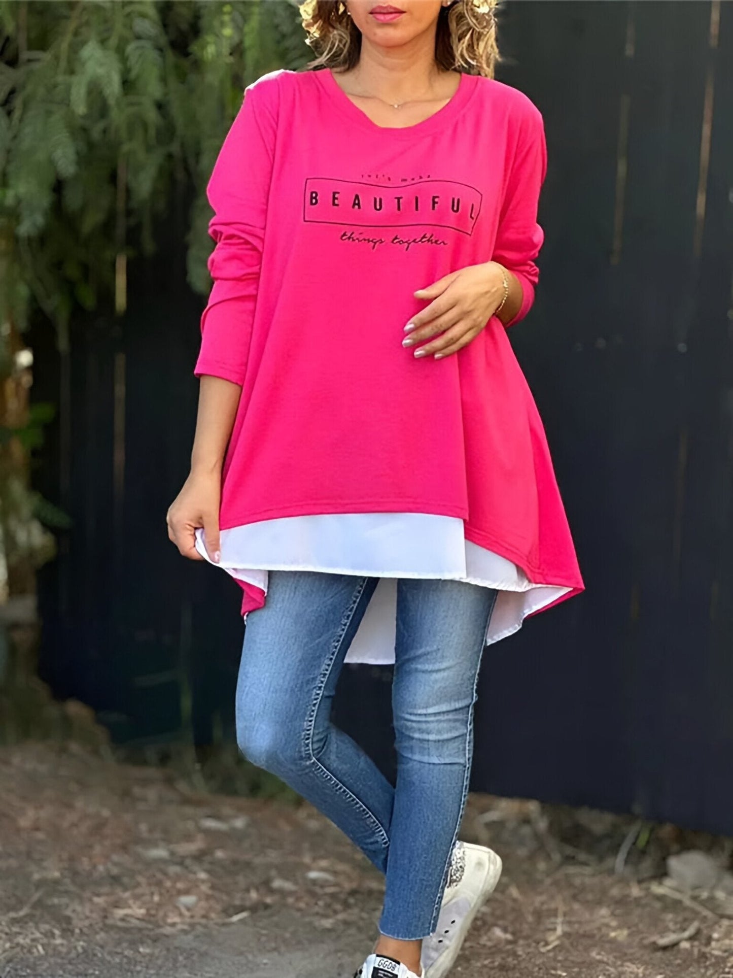 💥💝Promotion de Noël à durée limitée-49%OFF 💝T-shirt faux deux pièces à manches longues imprimé lettre