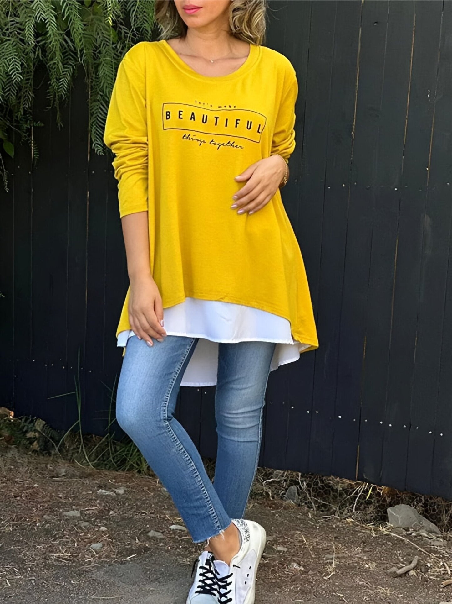 💥💝Promotion de Noël à durée limitée-49%OFF 💝T-shirt faux deux pièces à manches longues imprimé lettre