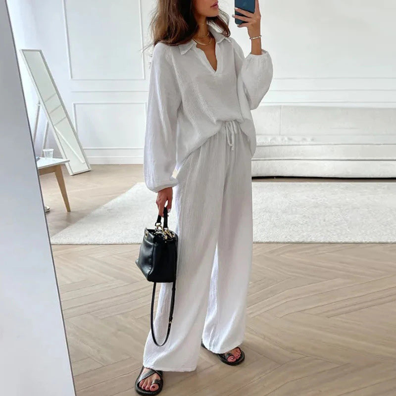 Ensemble 2 Pièces Décontracté de Couleur Unie - Haut à Col en V et Pantalon Long Ample