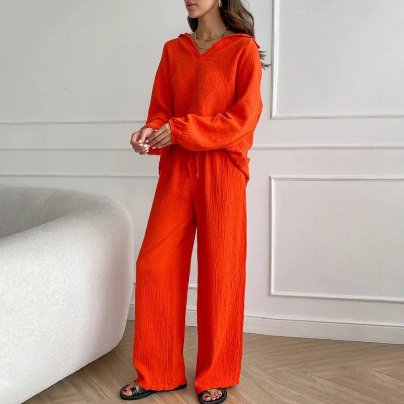 Ensemble 2 Pièces Décontracté de Couleur Unie - Haut à Col en V et Pantalon Long Ample
