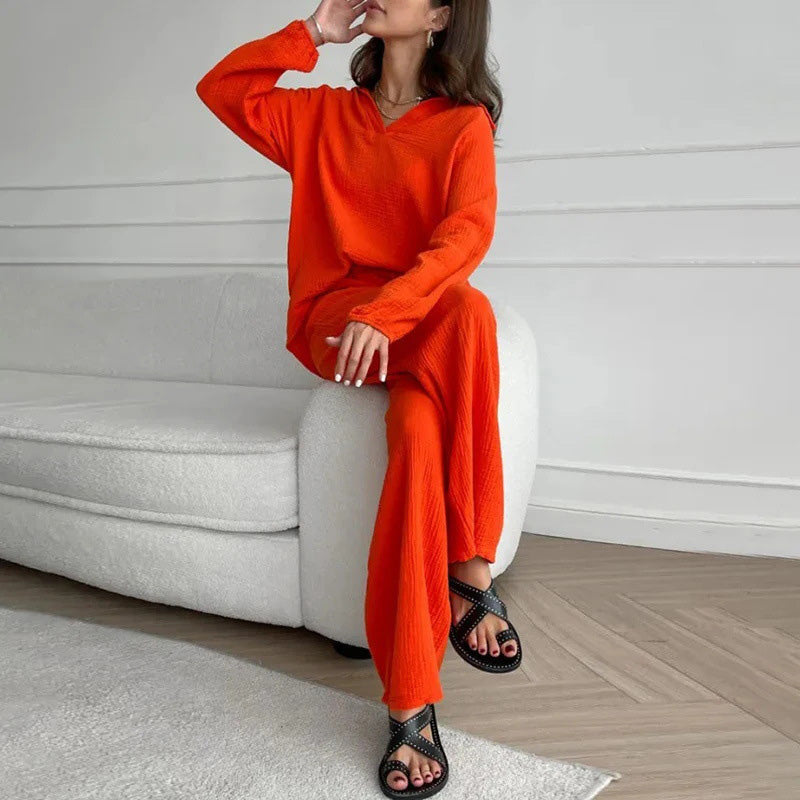 Ensemble 2 Pièces Décontracté de Couleur Unie - Haut à Col en V et Pantalon Long Ample
