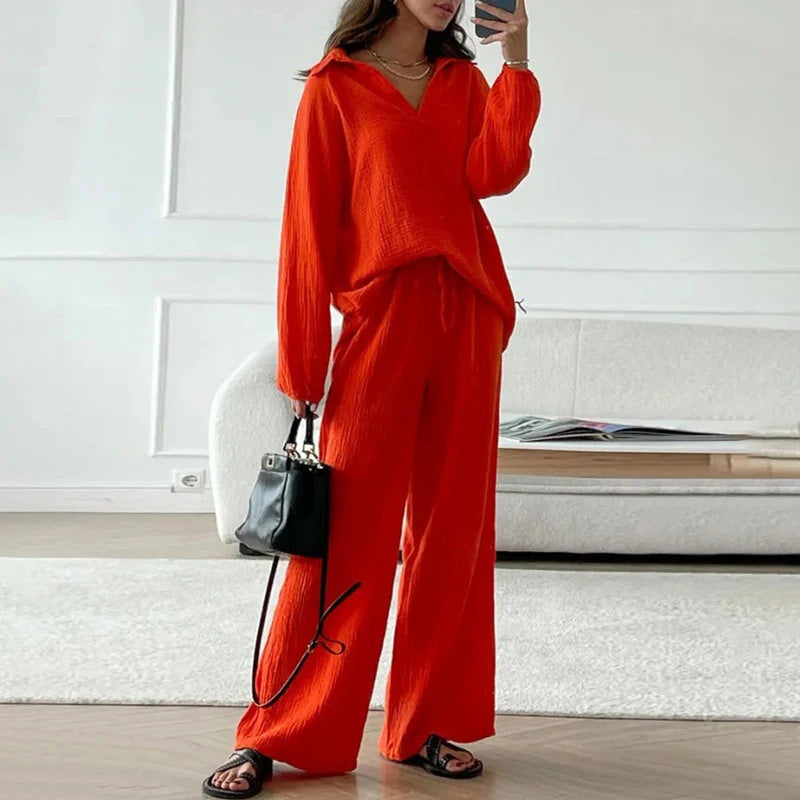 Ensemble 2 Pièces Décontracté de Couleur Unie - Haut à Col en V et Pantalon Long Ample