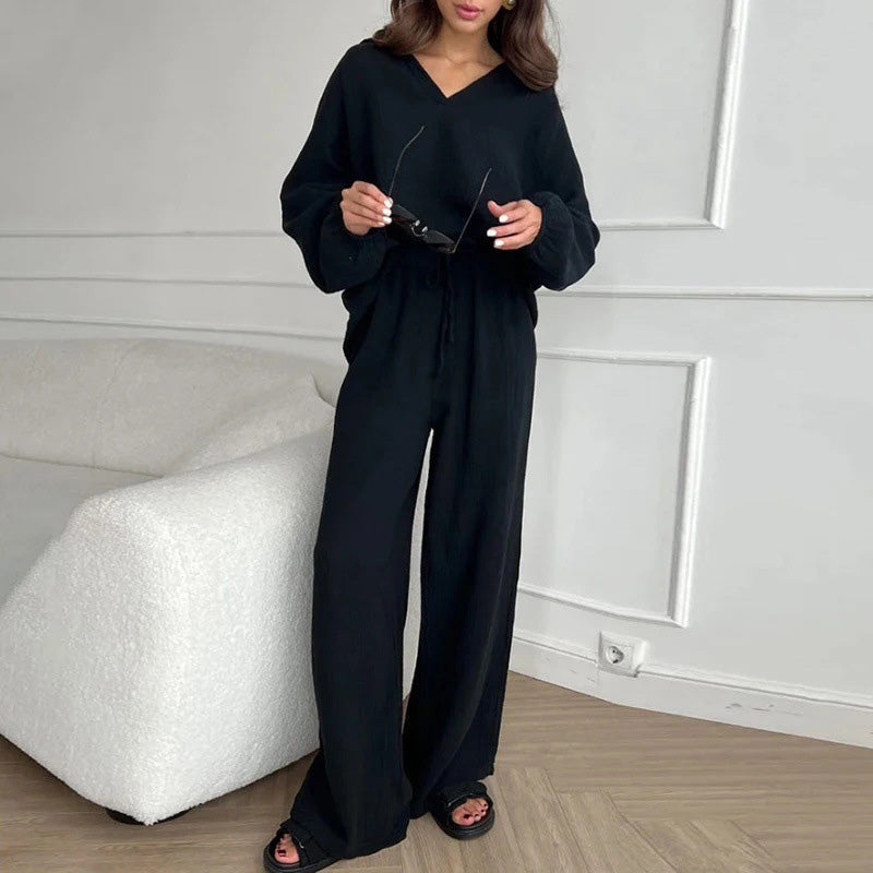 Ensemble 2 Pièces Décontracté de Couleur Unie - Haut à Col en V et Pantalon Long Ample