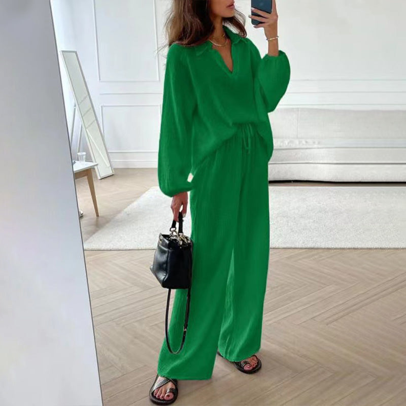 Ensemble 2 Pièces Décontracté de Couleur Unie - Haut à Col en V et Pantalon Long Ample