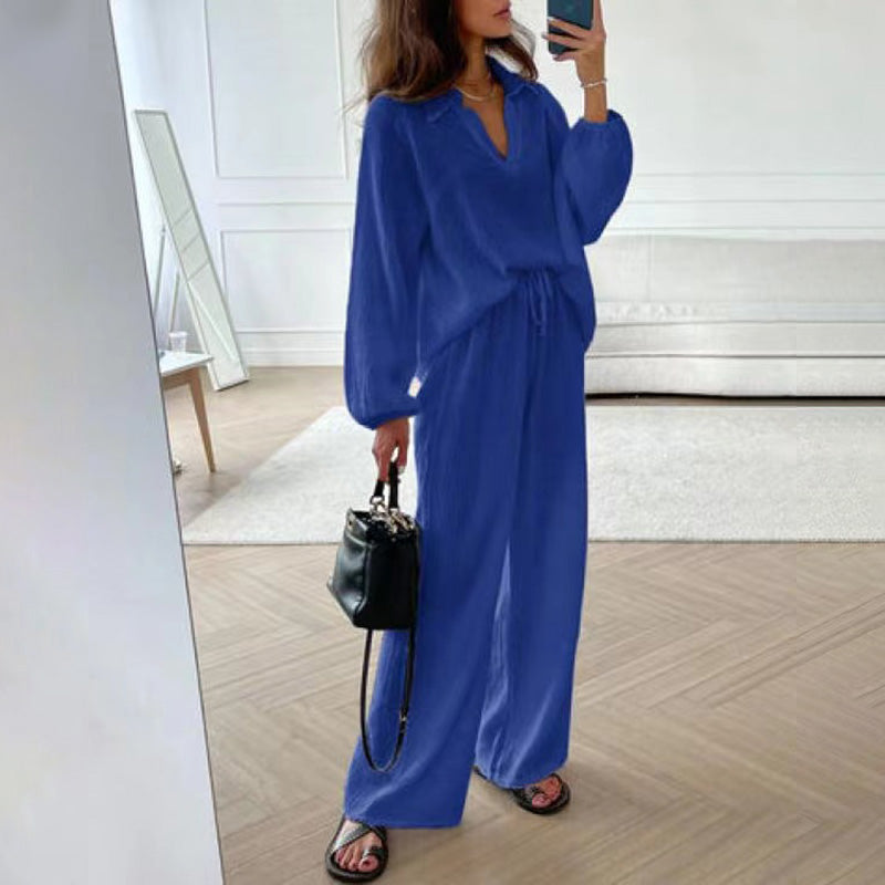 Ensemble 2 Pièces Décontracté de Couleur Unie - Haut à Col en V et Pantalon Long Ample
