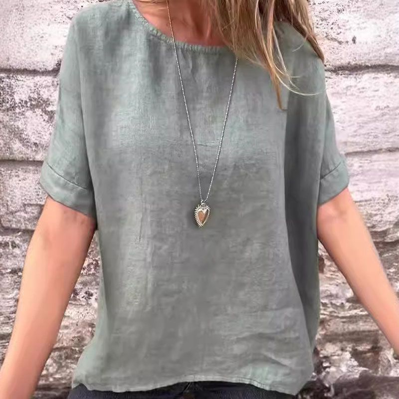 Blouse à manches mi-longues en lin et coton unie à col rond pour femmes