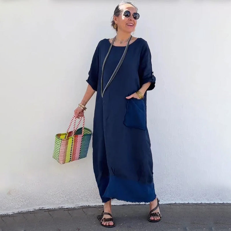 🔥 Printemps 2025 Soldes - 49% de réduction ✨Cotton Linen Casual Solid Colour Pockets Round Neck Long Jumpsuit
