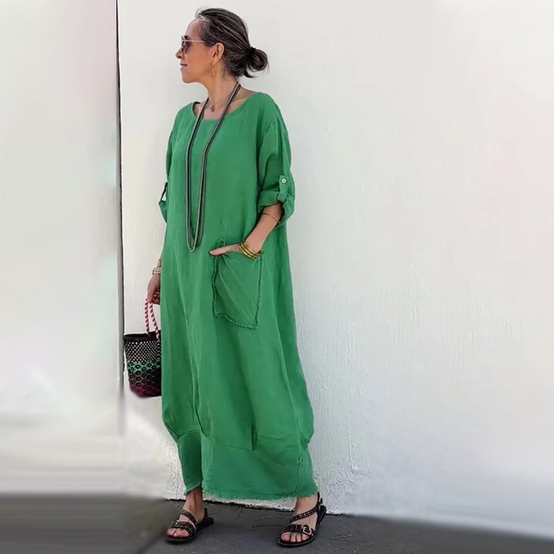 🔥 Printemps 2025 Soldes - 49% de réduction ✨Cotton Linen Casual Solid Colour Pockets Round Neck Long Jumpsuit