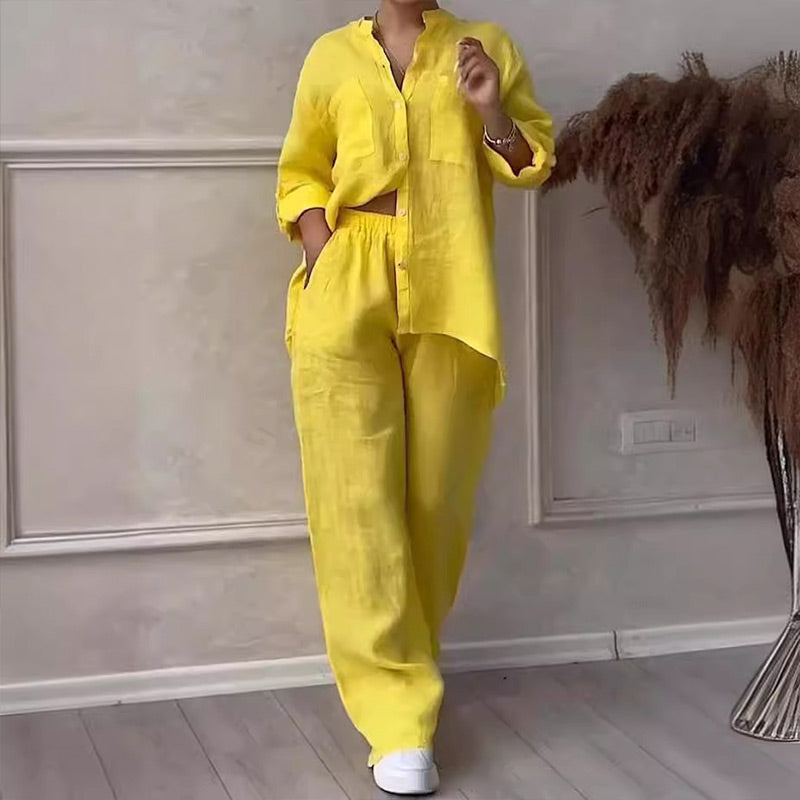 🌿🔥Nouveau Printemps 2025 Soldes - 49%OFF🌿🔥Ensemble 2 pièces pour femmes Chemise boutonnée et pantalon