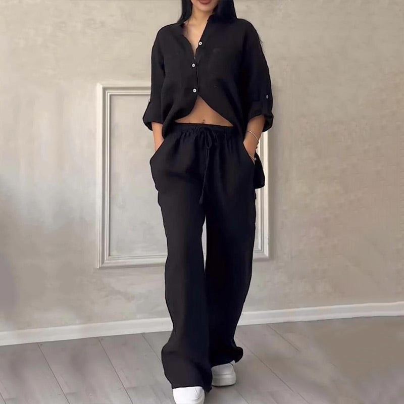 🌿🔥Nouveau Printemps 2025 Soldes - 49%OFF🌿🔥Ensemble 2 pièces pour femmes Chemise boutonnée et pantalon