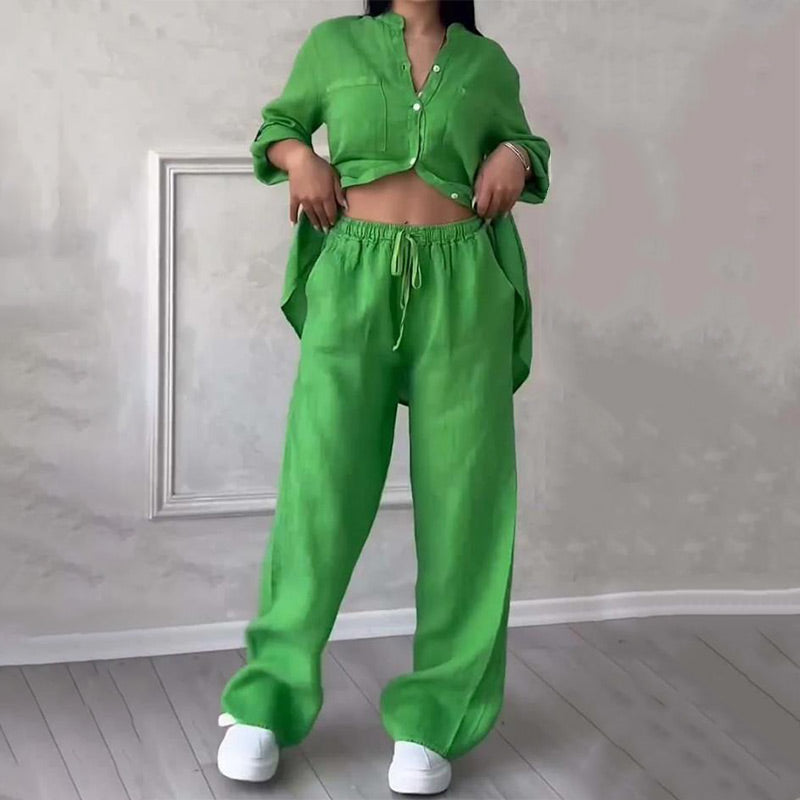 🌿🔥Nouveau Printemps 2025 Soldes - 49%OFF🌿🔥Ensemble 2 pièces pour femmes Chemise boutonnée et pantalon