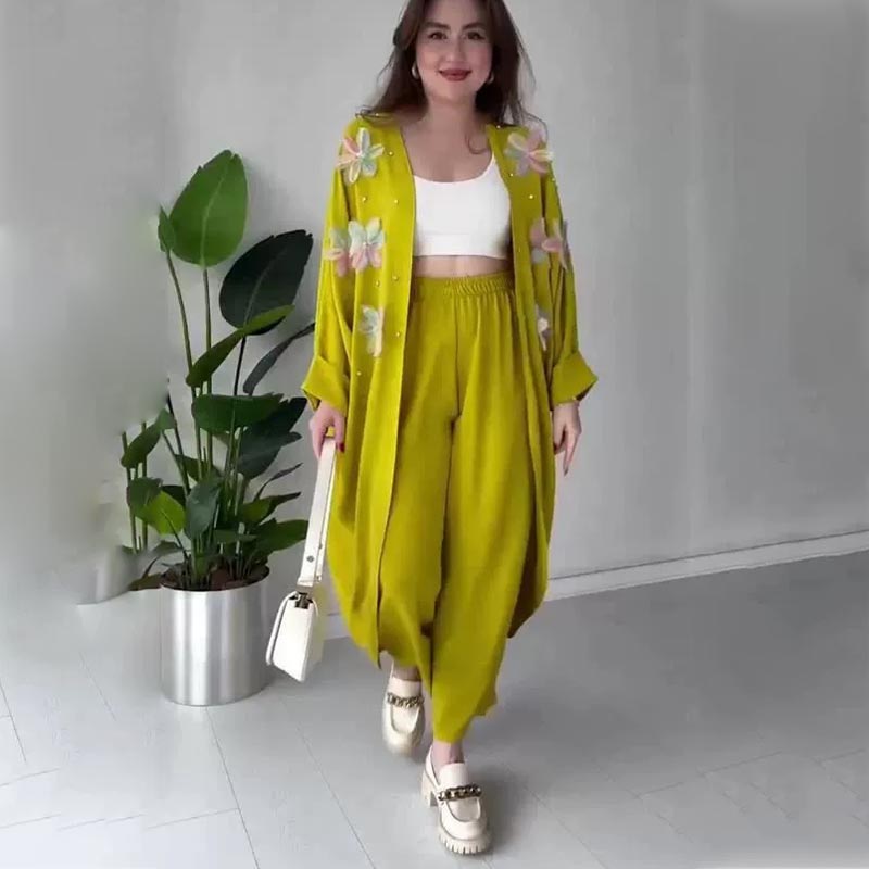 🌸Ensemble veste longue et pantalon décontracté à fleurs exquises pour femmes