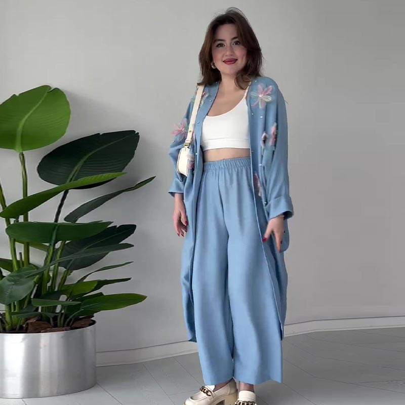 🌸Ensemble veste longue et pantalon décontracté à fleurs exquises pour femmes