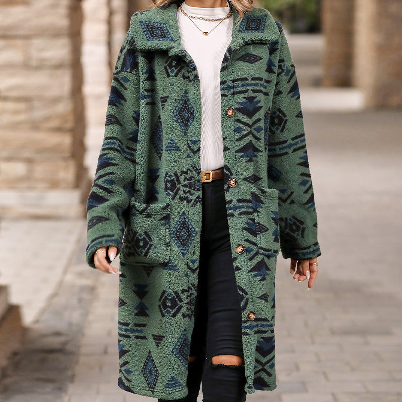 Nieuw product 49% korting 🔥 Manteau boutonné à manches longues imprimé à revers pour femmes