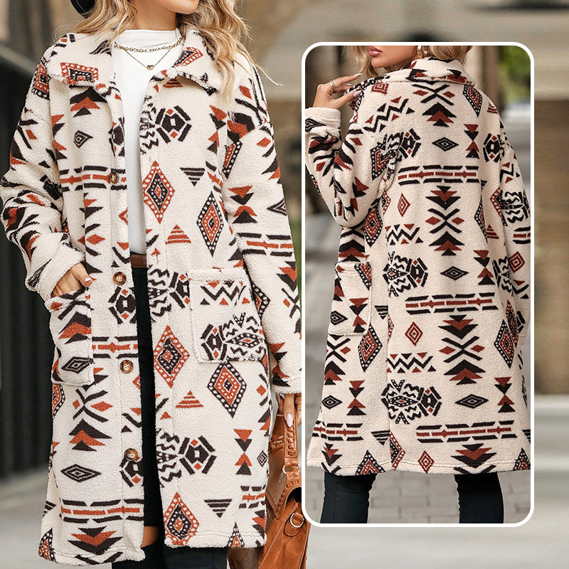 Nieuw product 49% korting 🔥 Manteau boutonné à manches longues imprimé à revers pour femmes
