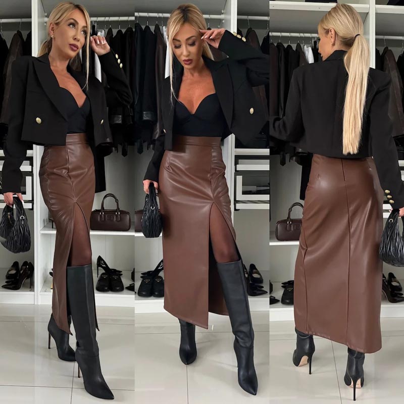 Jupe en Cuir Sexy et Élégante avec Taille Haute et Fente à la Cuisse pour Femmes
