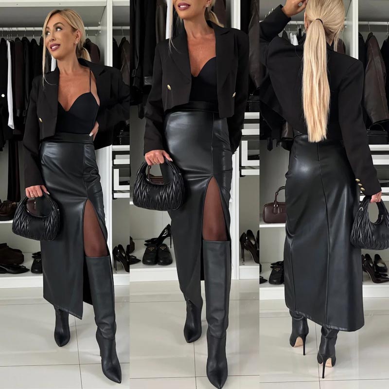 Jupe en Cuir Sexy et Élégante avec Taille Haute et Fente à la Cuisse pour Femmes