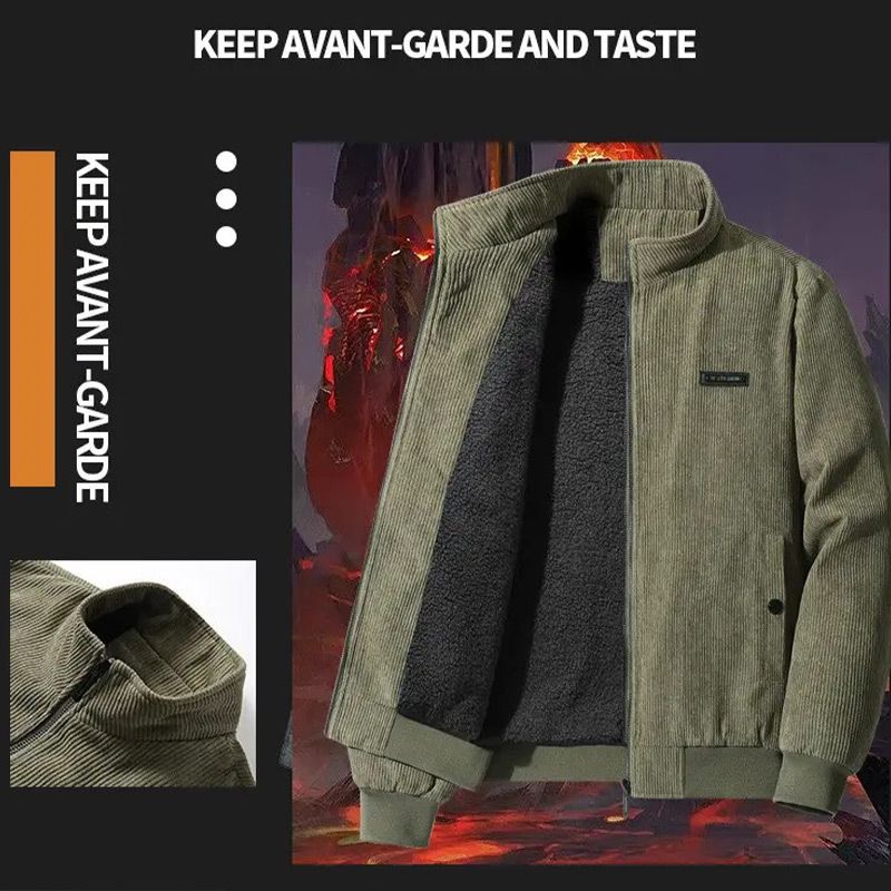 Veste à fermeture éclair en velours côtelé doublé de thermique pour hommes, avec col montant
