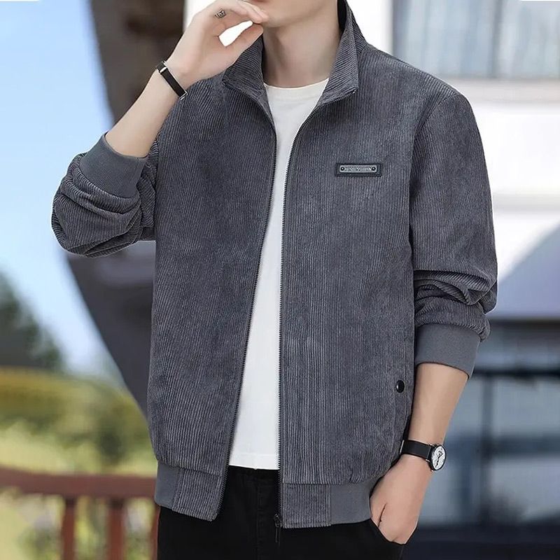 Veste à fermeture éclair en velours côtelé doublé de thermique pour hommes, avec col montant