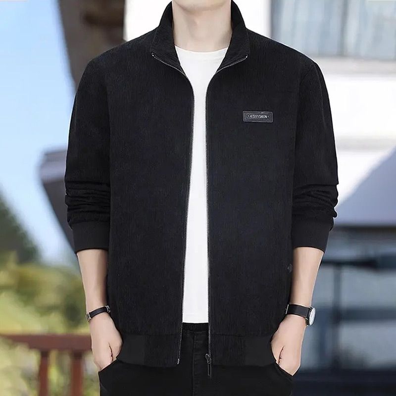Veste à fermeture éclair en velours côtelé doublé de thermique pour hommes, avec col montant