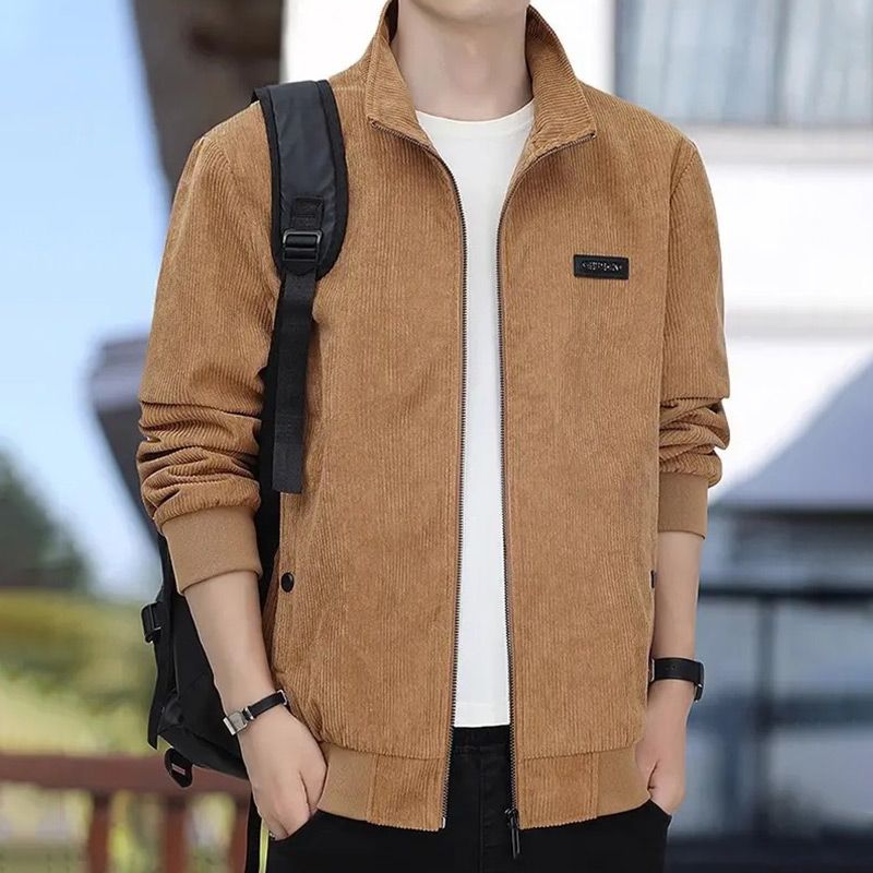 Veste à fermeture éclair en velours côtelé doublé de thermique pour hommes, avec col montant
