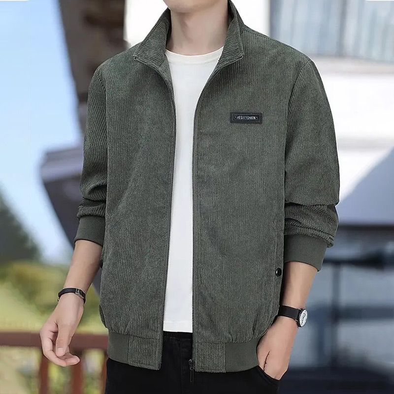 Veste à fermeture éclair en velours côtelé doublé de thermique pour hommes, avec col montant