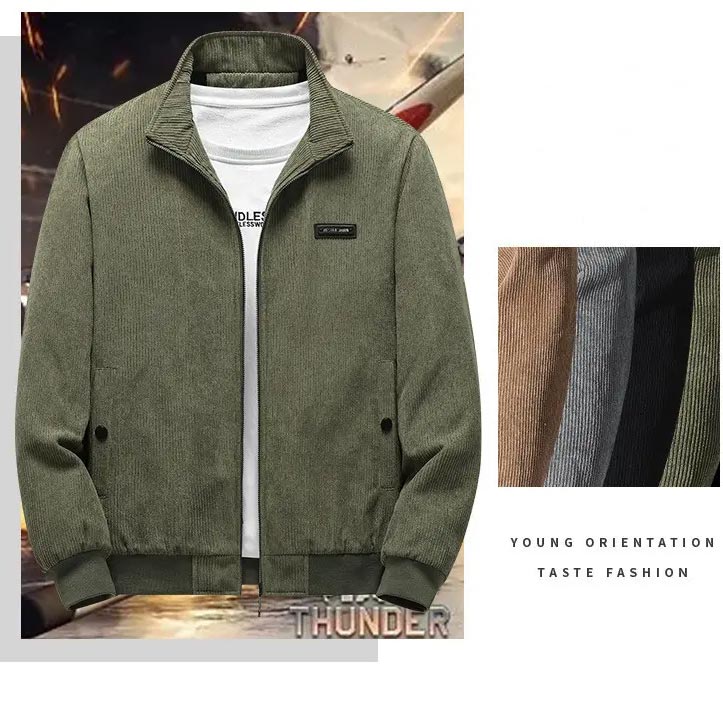 Veste à fermeture éclair en velours côtelé doublé de thermique pour hommes, avec col montant