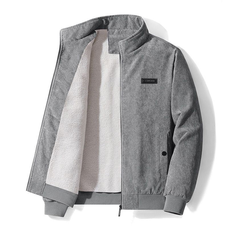 Veste à fermeture éclair en velours côtelé doublé de thermique pour hommes, avec col montant