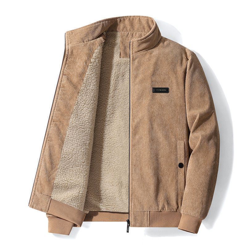 Veste à fermeture éclair en velours côtelé doublé de thermique pour hommes, avec col montant