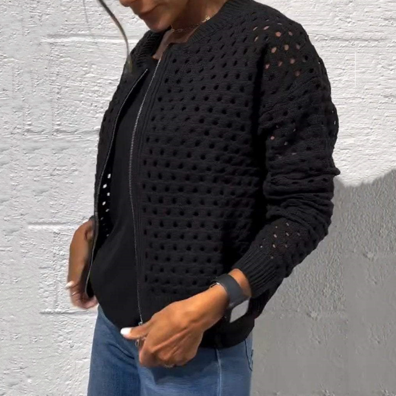 Veste Décontractée en Tricot à Fermeture Éclair pour Femmes avec Design Ajouré