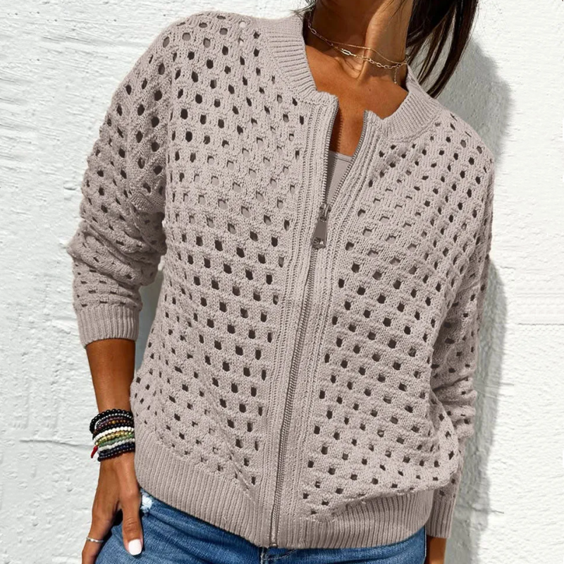 Veste Décontractée en Tricot à Fermeture Éclair pour Femmes avec Design Ajouré