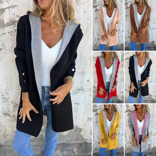 🌸Offres de printemps💐 Manteau à capuche ouvert sur le devant à blocs de couleurs pour femmes