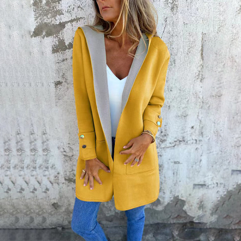 🌸Offres de printemps💐 Manteau à capuche ouvert sur le devant à blocs de couleurs pour femmes